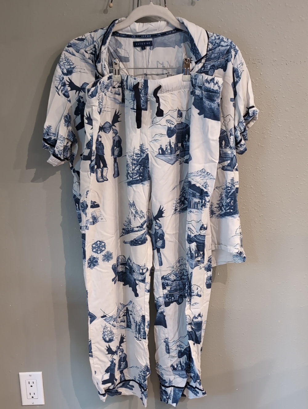Katie Kime Modal Cotton Blue & White Scenic Winter Ski Print Jumpsuit